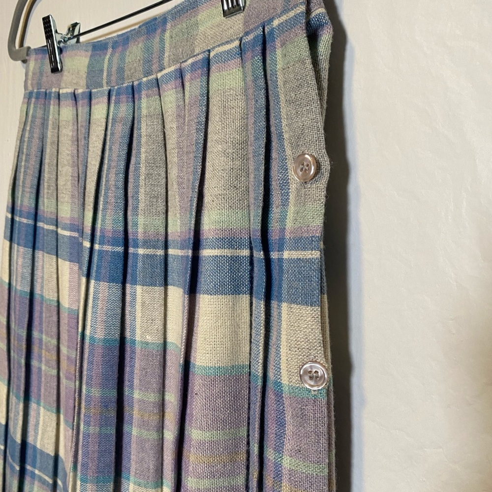 Vintage Pleated Plaid Blue and Purple Italian Wool Blend Midi Skirt